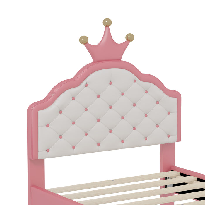 Lily Lovely Crown Fantasy Princess Bed with Tufted PU Leather Headboard,Twin Size Twin Bed