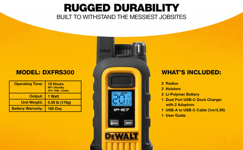 6 Dewalt Dxfrs300 Walkie Talkies Plus Earpieces - 1 Watt, Heavy Duty, 22 Channel Long Range Two Way Radios