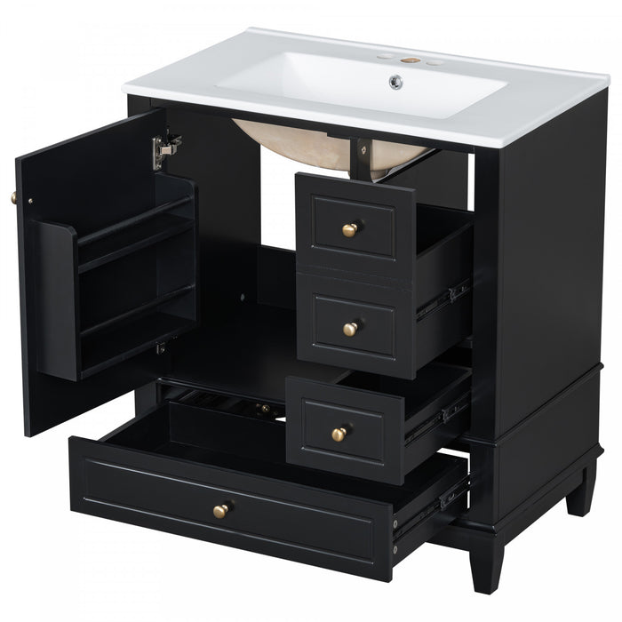 Emma 30\" Solid Wood Bathroom Vanity with Ceramic Sink and Soft-Close Door, Black