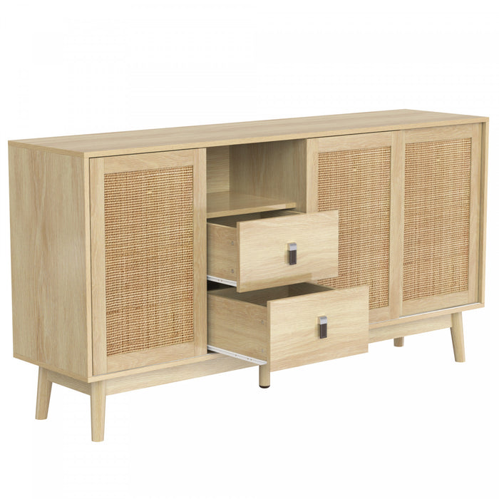 Oliver 61\" Sideboard Cabinet with Rattan Sliding Doors and Drawers,Natural Accent Cabinet