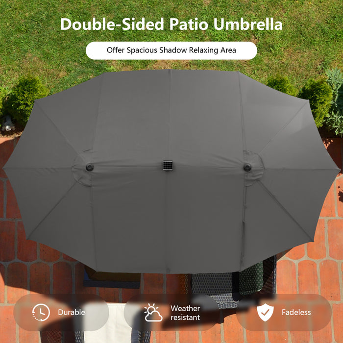 Costway 15Ft Patio Double-Sided Solar LED Market Umbrella Crank 36 Lights Base Grey