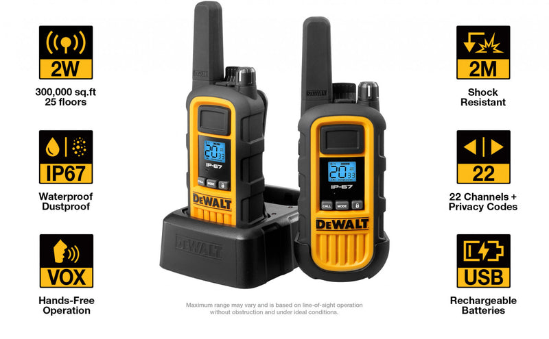 2 Dewalt Dxfrs800 Walkie Talkies - 2 Watt, Heavy Duty, 22 Channel Long Range Two Way Radios