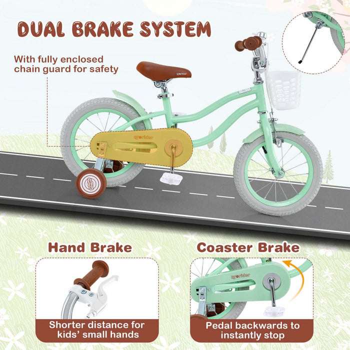 Prorider 14\" Kid's Bike With Removable Training Wheels & Basket For 3-5 Years Old Green