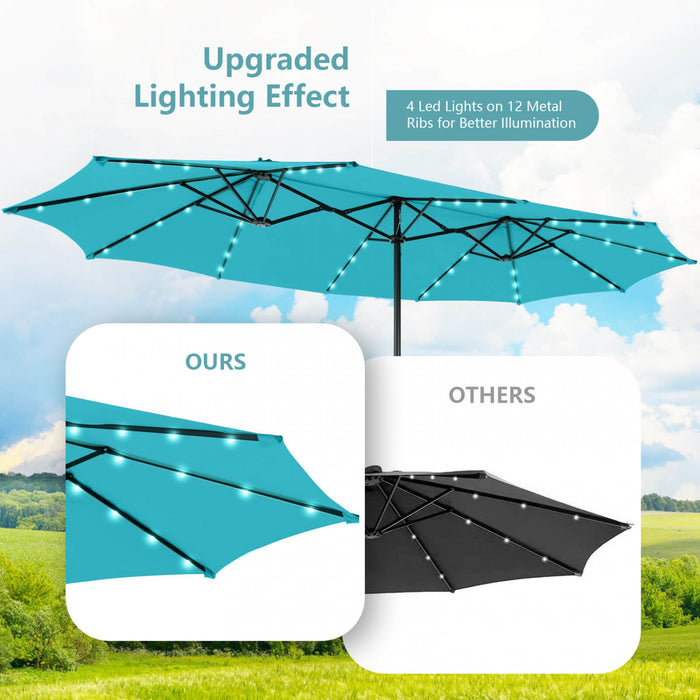 Costway 15 FT Twin Patio Double-Sided Umbrella 48 Solar LED Lights Crank Outdoor Turquoise