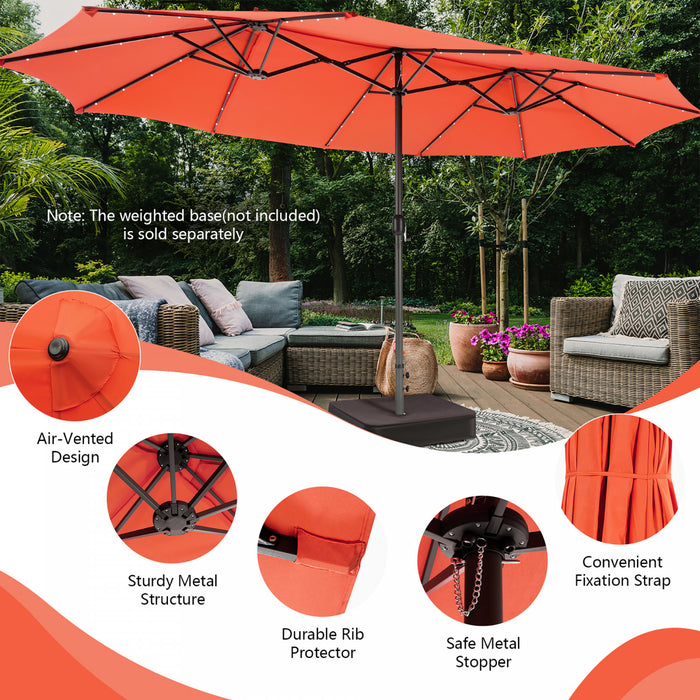 Costway 15FT Twin Patio Double-Sided Umbrella 48 Solar LED Lights Crank Outdoor Orange