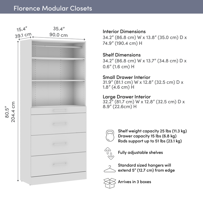 Bestar Florence 36\" Modular Reach-In/Walk-In Closet System Tower with Shelves and 4 Drawers Slab Style - White