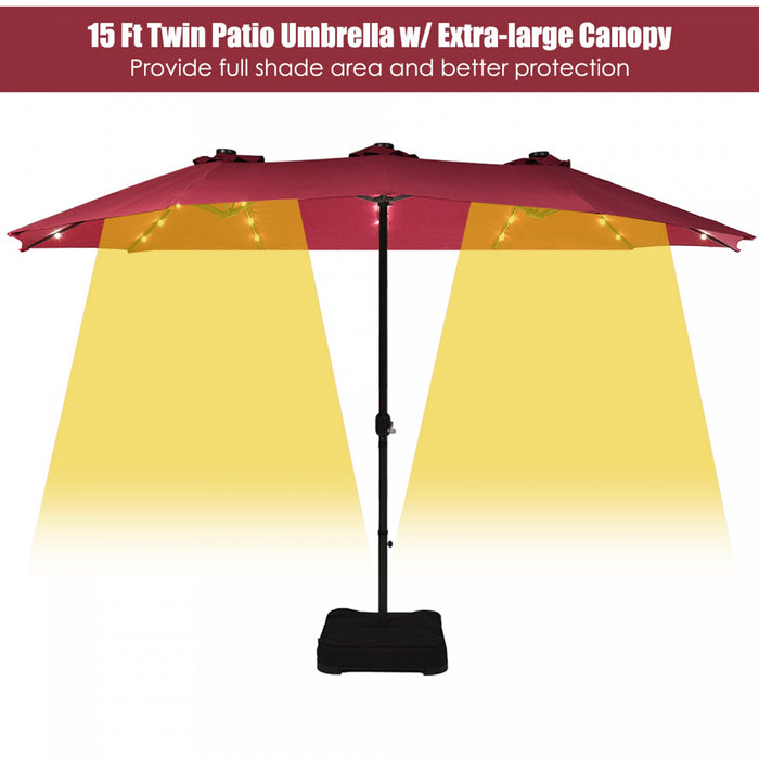 Costway 15Ft Patio Double-Sided Solar LED Market Umbrella Crank Base Burgundy
