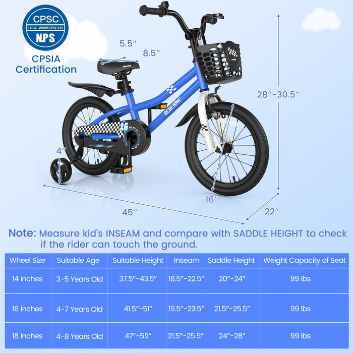 Costway 16\" Kid's Bike With Removable Training Wheels & Basket For 4-7 Years Old Blue