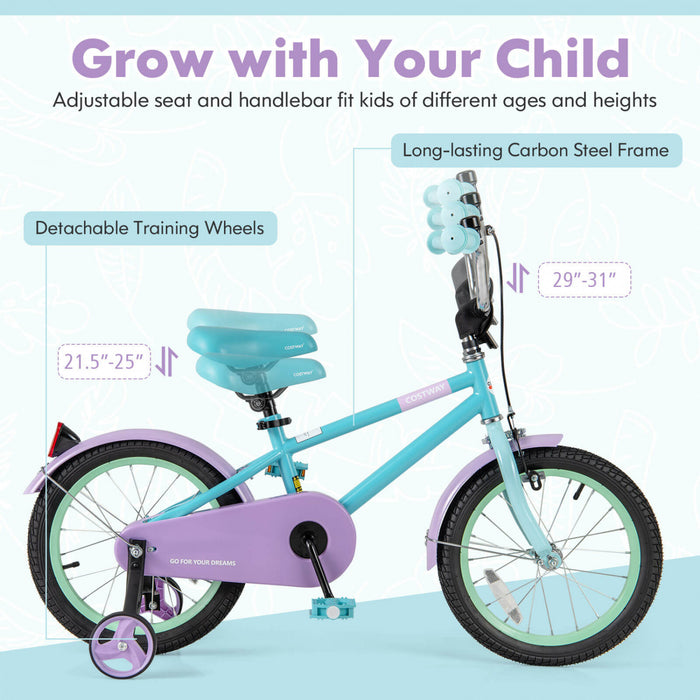 Costway 16\" Kids Bike With Adjustable Saddle Handlebar Removable Training Wheels Handbrake Blue