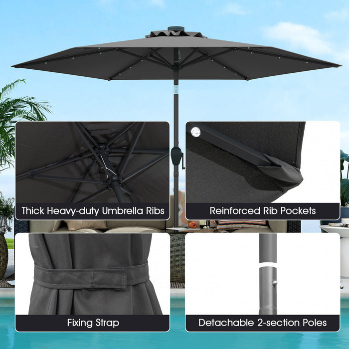 Costway 7.5 ft Solar Powered Patio Umbrella with LED Lights Push Button Tilt Crank Handle Gray