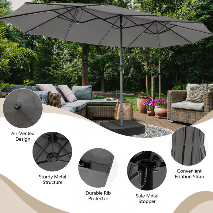 Costway 15Ft Patio Double-Sided Solar LED Market Umbrella Crank 36 Lights Base Grey