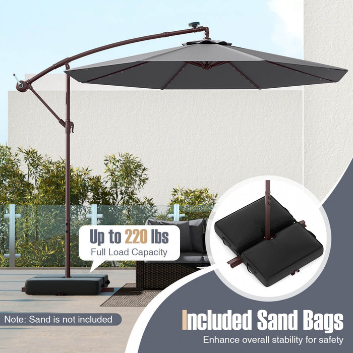 Costway Patio 10FT Hanging Offset Umbrella 32 LED Lights Sand Bag Outdoor Cross Base Dark Gray