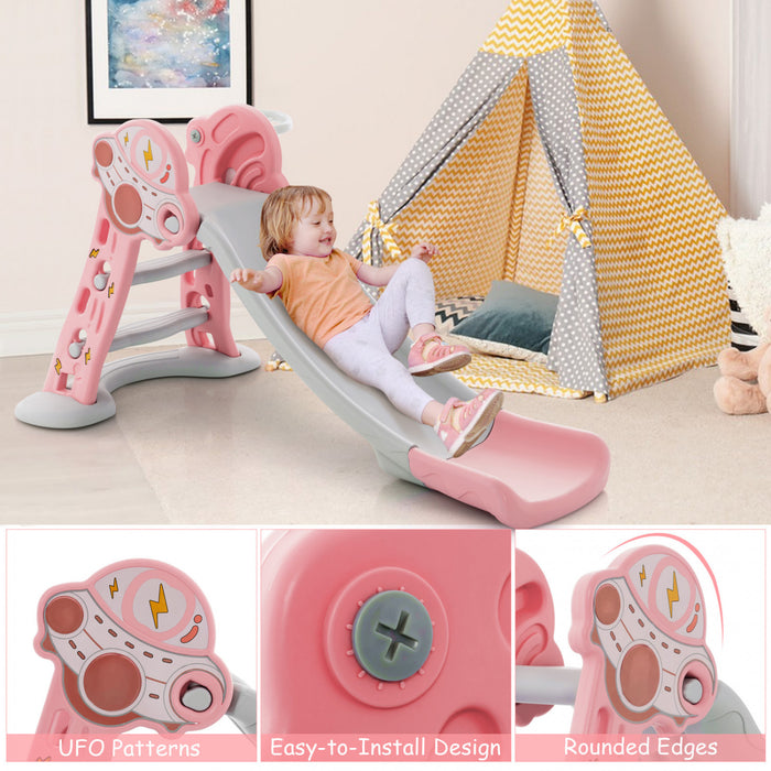 Costway 3-in-1 Kids Indoor Slide With Basketball Hoop & Basketball, Safe Buffer Zone Pink