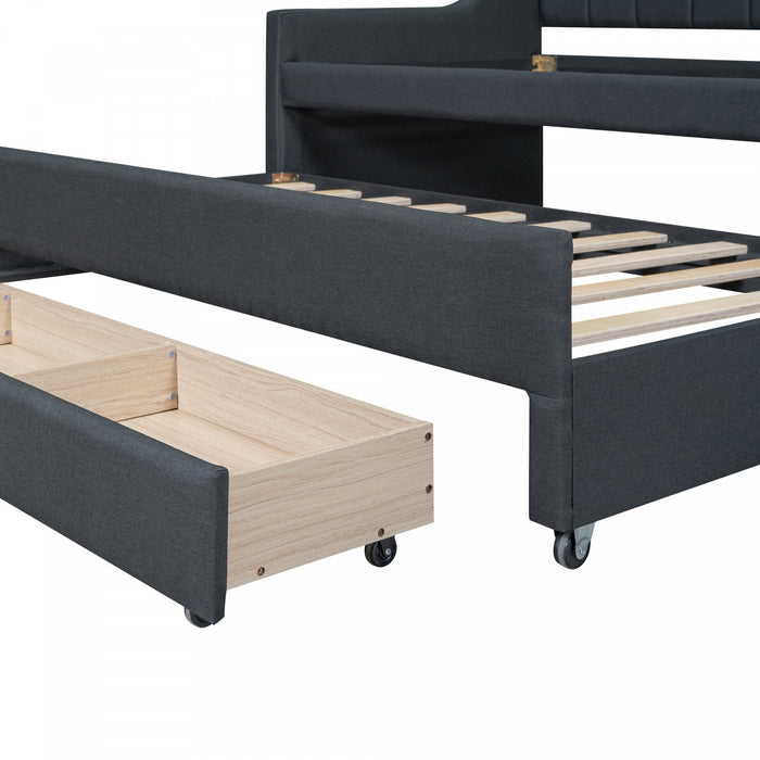 Hogan Linen-look Fabric Upholstered Daybed With Trundle And Storage Drawers, Twin Size, Grey