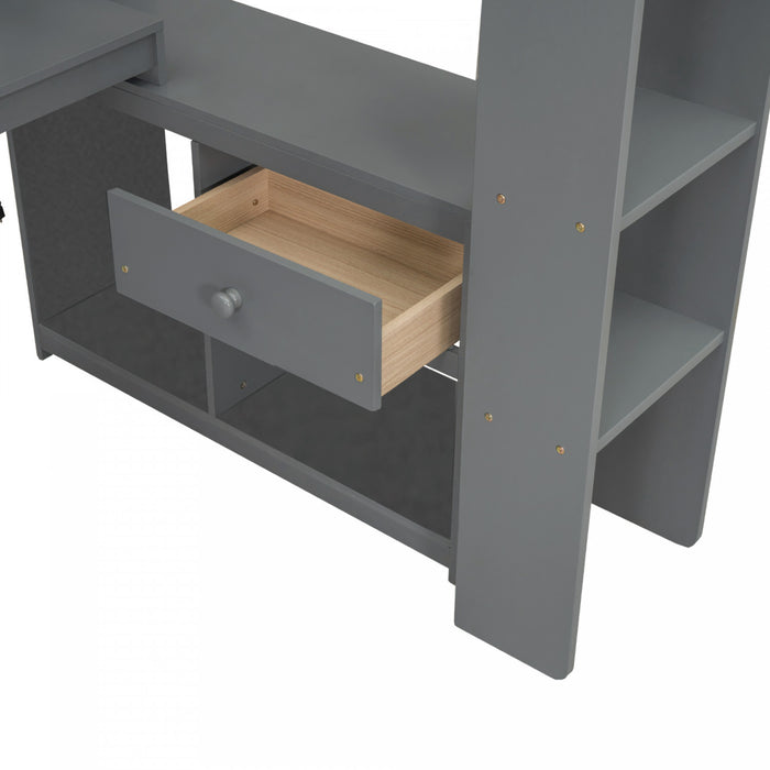 Jackson Twin Solid Wood Loft Bed With Desk, Multi-storage Shelves, Led And Charging Station, Dark Grey