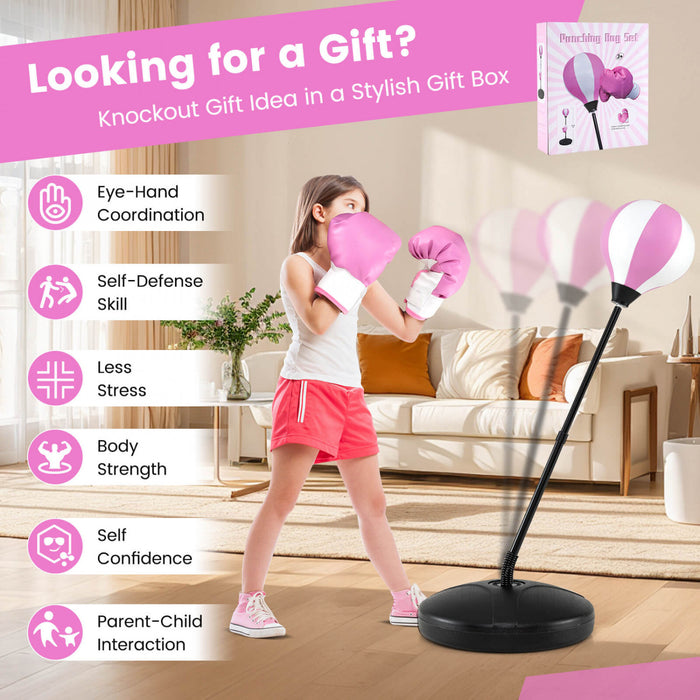 Costway Kids Punching Bag Toy Set Adjustable Stand Boxing Glove Speed Ball With Pump Pink
