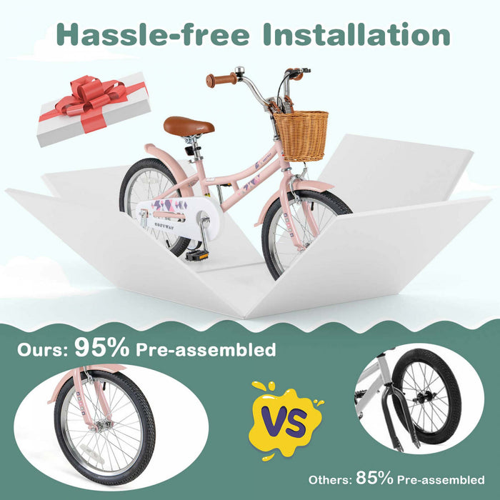 Costway 18\" Kids Bike With Height Adjustable Handlebar Seat Basket Bell Training Wheels Pink