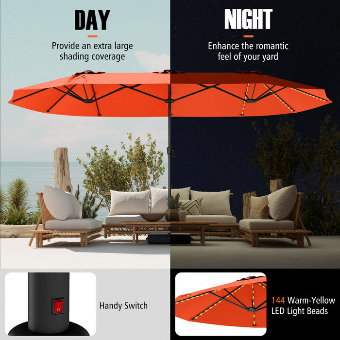 Costway 15.5 FT Extra-Large Patio Umbrella with LED Solar Lights & 12 Heavy-Duty Ribs Orange