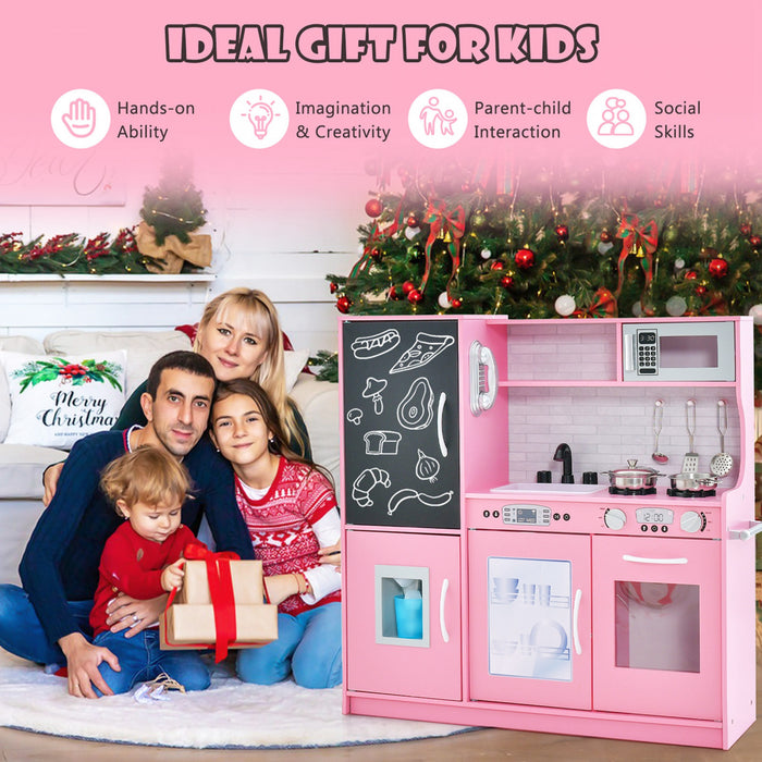 Costway Kid's Pretend Play Kitchen Toddler Kitchen Playset With Blackboard Pink
