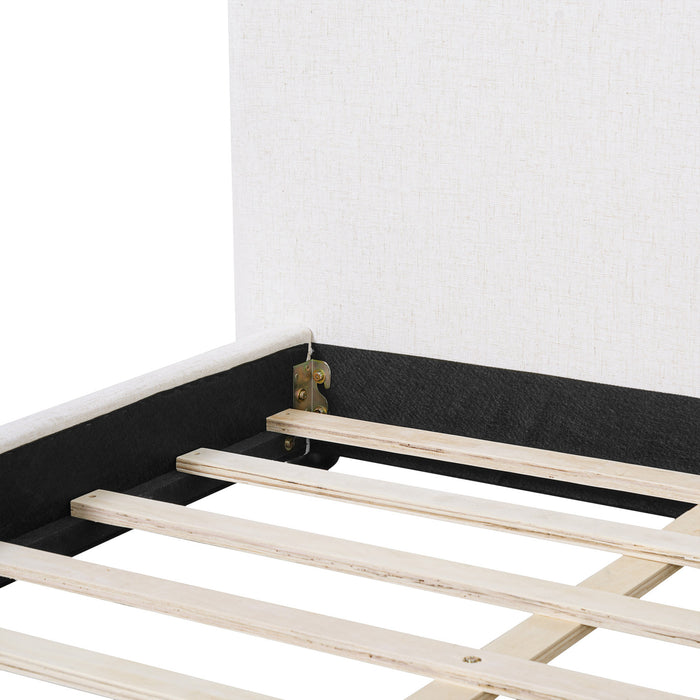 Mason Linen Blend Upholstered Platform Bed Pillow-Back Headboard,King Size,White King Bed