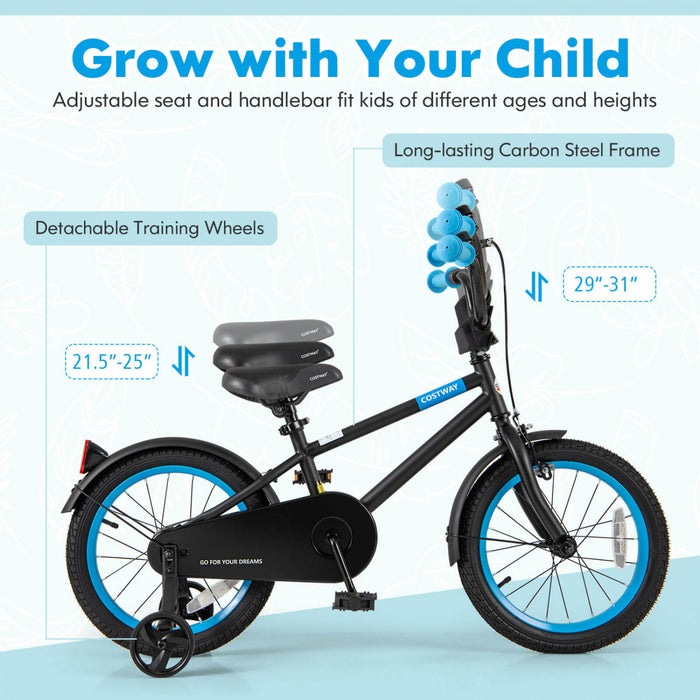 Costway 16\" Kids Bike With Adjustable Saddle Handlebar Removable Training Wheels Handbrake Black