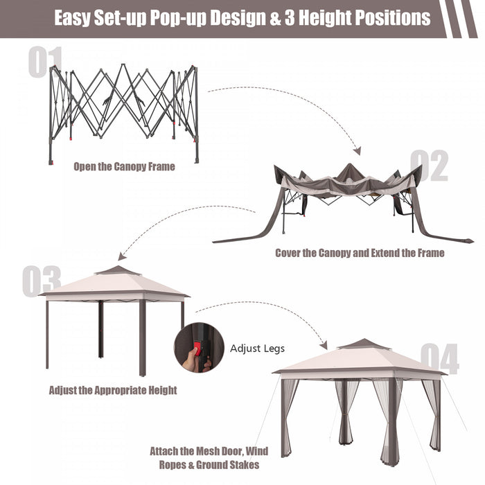 Costway 11'x11' 2-tier Pop-up Gazebo Tent Portable Canopy Shelter Carry Bag Mesh Beige