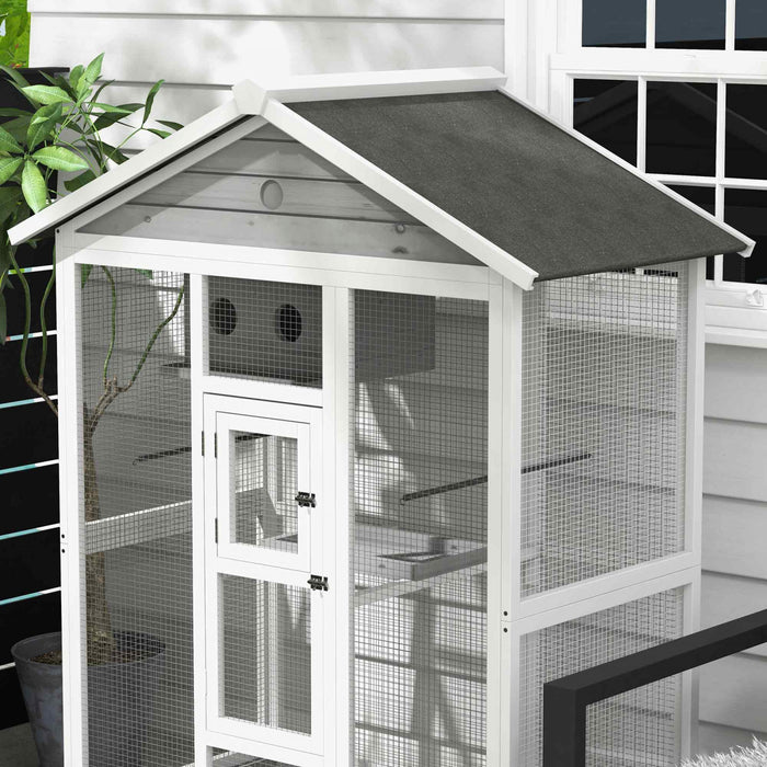 Pawhut 65\" Bird Cage Large Wooden Aviary For Canary With Standing Pole Nest Slide-out Tray, For Indoor Outdoor, Grey