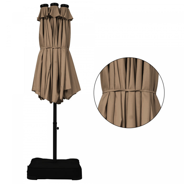 Costway 15Ft Patio Double-Sided Solar LED Market Umbrella Crank Base Tan