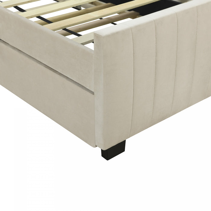 Ethan Space-Saving Velvet Upholstered Platform Bed with Trundle,Twin Size,Beige Twin Bed