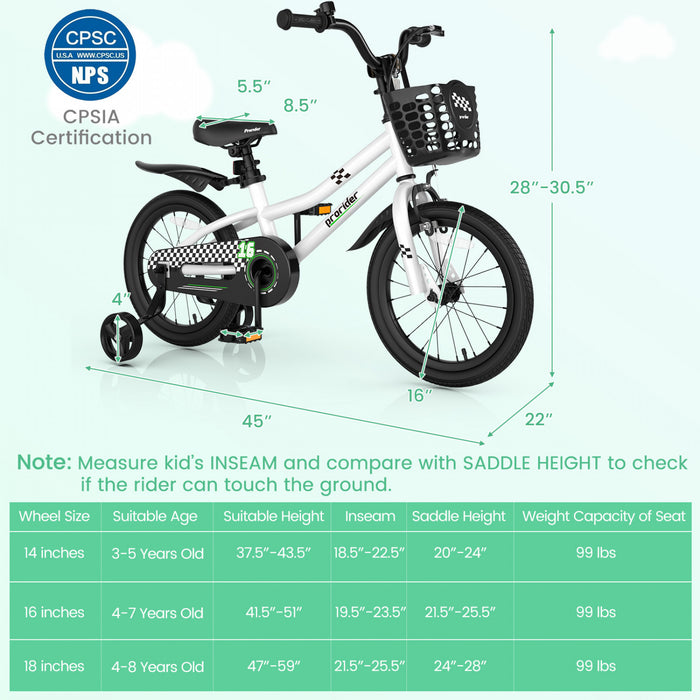 Costway 16\" Kid's Bike With Removable Training Wheels & Basket For 4-7 Years Old White
