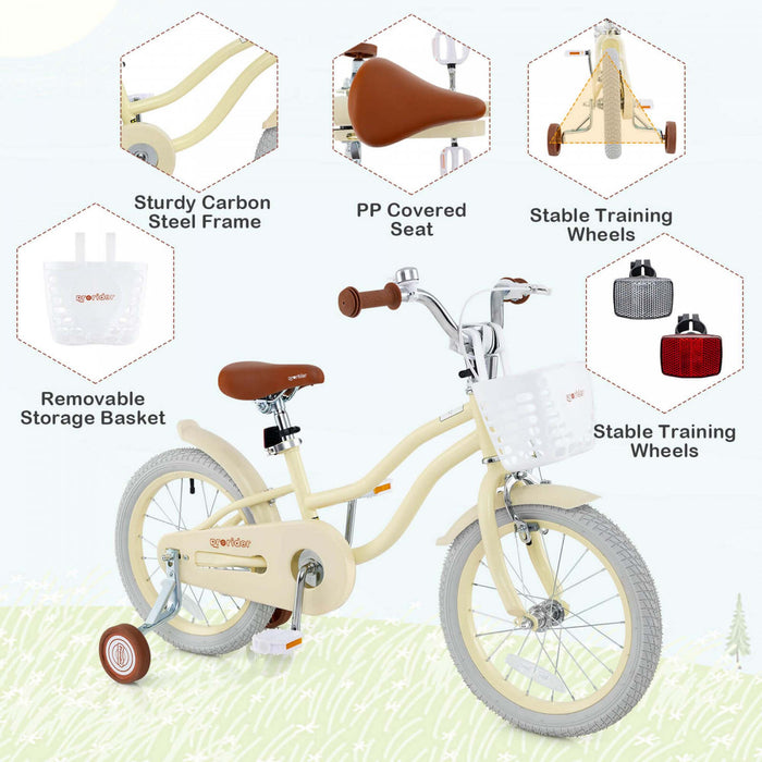 Prorider 16\" Kids Bike Toddler Adjustable Bicycle With Training Wheel For 4-7 Years Old Girl Beige