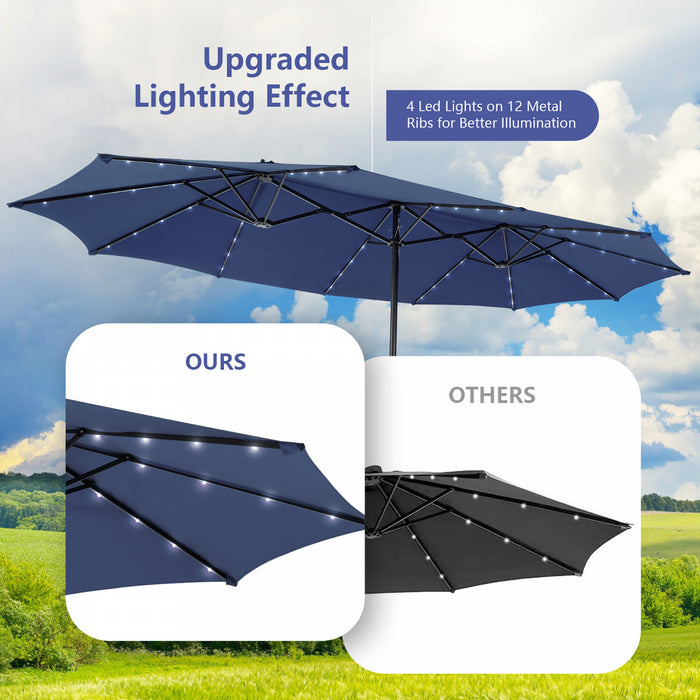 Costway 15FT Twin Patio Double-Sided Umbrella 48 Solar LED Lights Crank Outdoor Navy