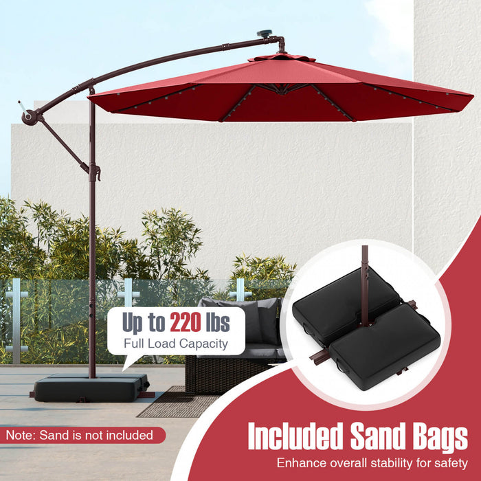 Costway Patio 10FT Hanging Offset Umbrella 32 LED Lights Sand Bag Outdoor Cross Base Wine