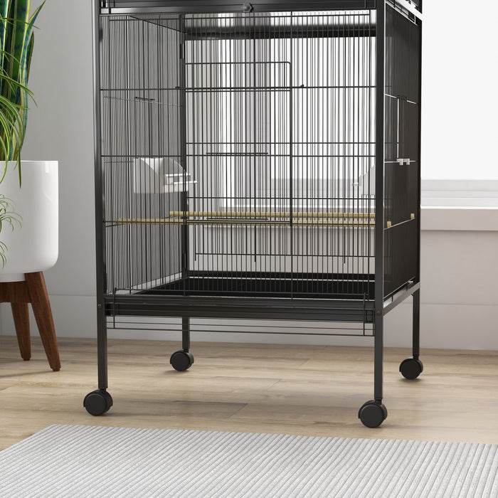 Pawhut Wrought Metal Bird Cage Feeder With Rolling Stand Perches Food Containers Doors Wheels 67\" H, Black