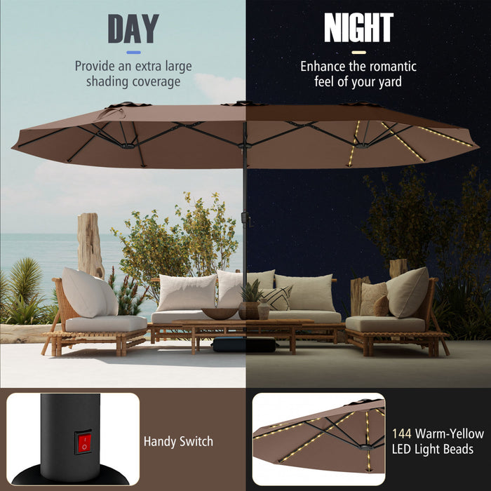 Costway 15.5 FT Extra-Large Patio Umbrella with LED Solar Lights & 12 Heavy-Duty Ribs Brown