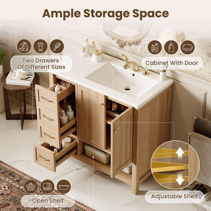 Oakmere 36 Inch Single Sink Bathroom Vanity with Two Doors and Two Drawers, Natural Wood
