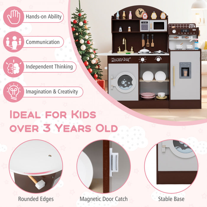 Honeyjoy Kids Kitchen Set Wooden Kitchen Playset With Clock, Microwave, Sink, Dish Rack Brown