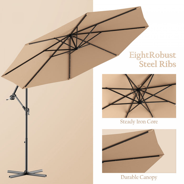 Costway 10' Hanging Solar LED Umbrella Patio Sun Shade Offset Market W/ Base Beige