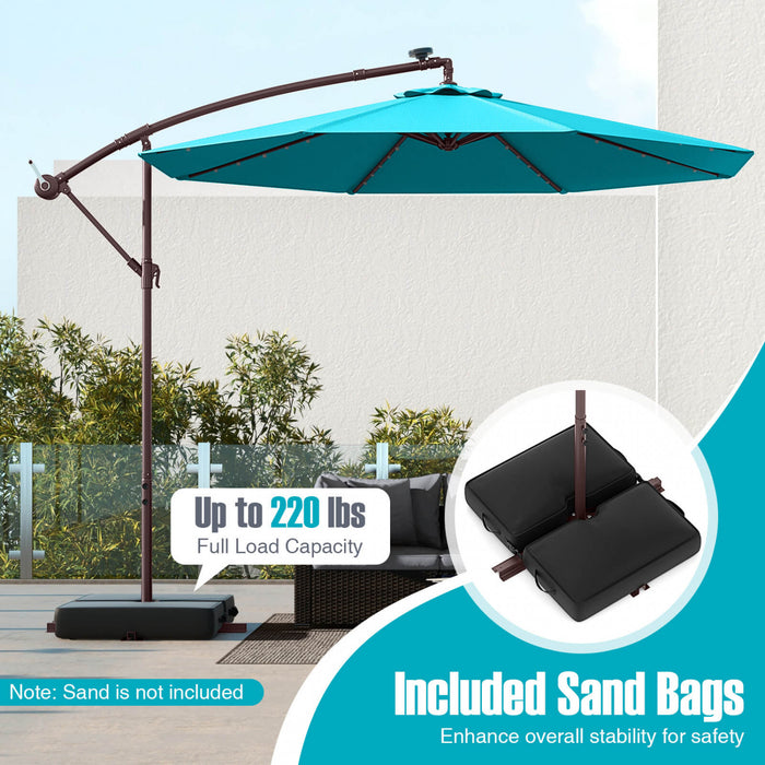 Costway Patio 10FT Hanging Offset Umbrella 32 LED Lights Sand Bag Outdoor Cross Base Turquoise