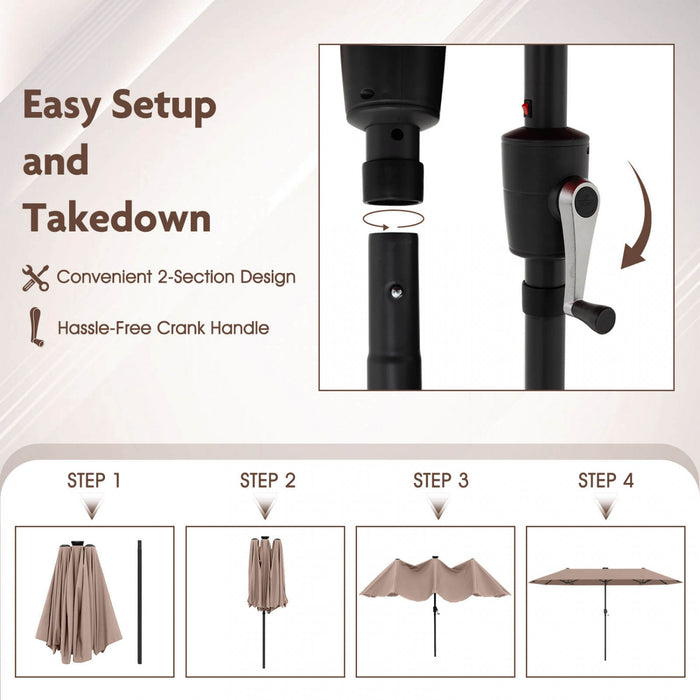 Costway 13 FT Large Patio Umbrella with LED Solar Lights Crank Handle 12 Heavy-Duty Ribs Brown