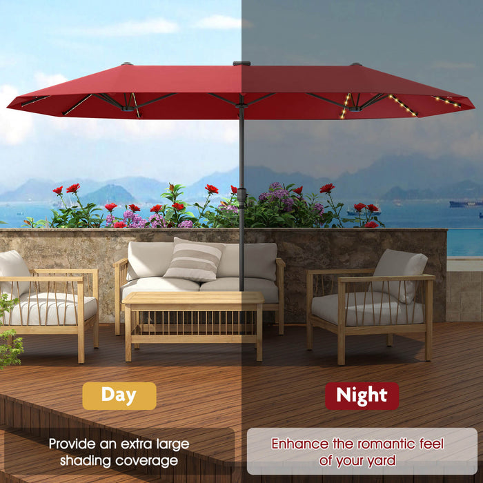 Costway 13 FT Large Patio Umbrella with LED Solar Lights Crank Handle 12 Heavy-Duty Ribs Wine