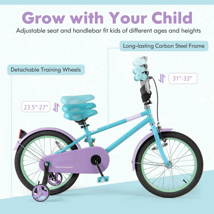 Costway 18\" Kids Bike With Adjustable Saddle Handlebar Removable Training Wheels Handbrake Blue