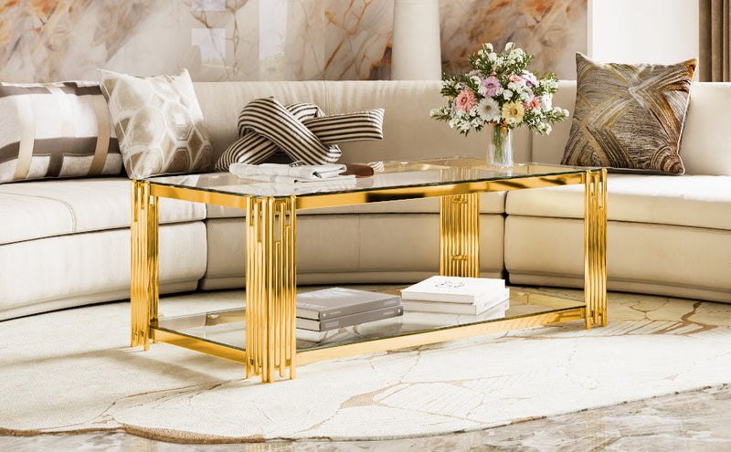 Aria 47.5 Inch Modern Rectangular Coffee Table with Asymmetrical Gold Frame and Glass Top, Transparent