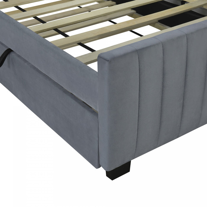 Ethan Space-Saving Velvet Upholstered Platform Bed with Trundle,Twin Size,Grey Twin Bed