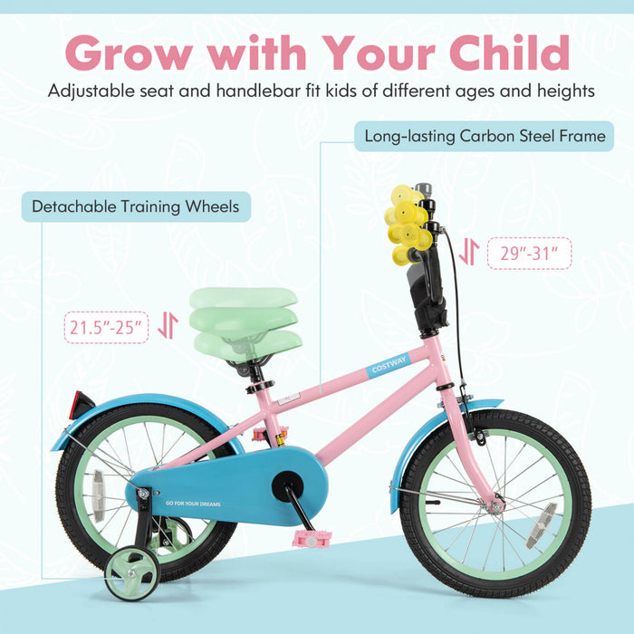 Costway 16\" Kids Bike With Adjustable Saddle Handlebar Removable Training Wheels Handbrake Pink