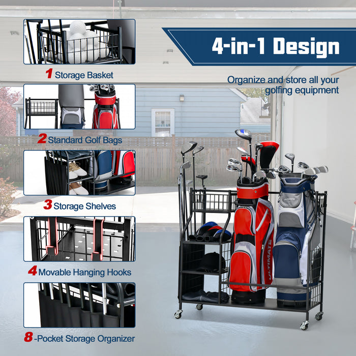 Costway Extra Large Golf Bag Storage Rack For Garage Fits 2 Golf Bags Organizer Withwheels