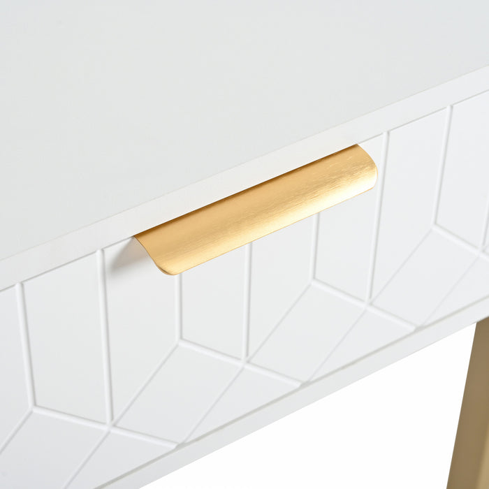 Horizon Modern Console Table with Geometric Drawers and Gold Frame, White/Gold