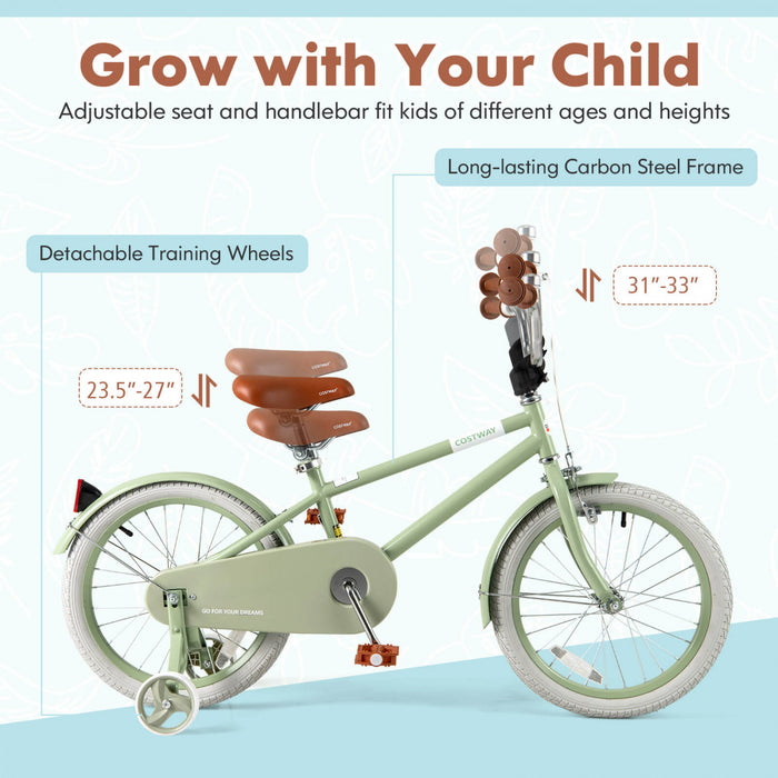 Costway 18\" Kids Bike With Adjustable Saddle Handlebar Removable Training Wheels Handbrake Green