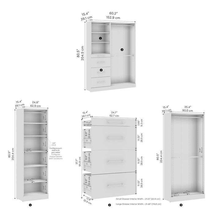 Bestar Florence 60\" Modular Reach-In/Walk-In Closet System with Rods and Storage - White