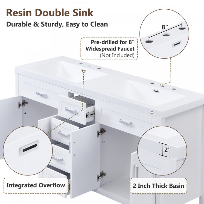 Dune 59 Inch Double Sink Bathroom Vanity with Resin Sinks and 4 Drawers, White